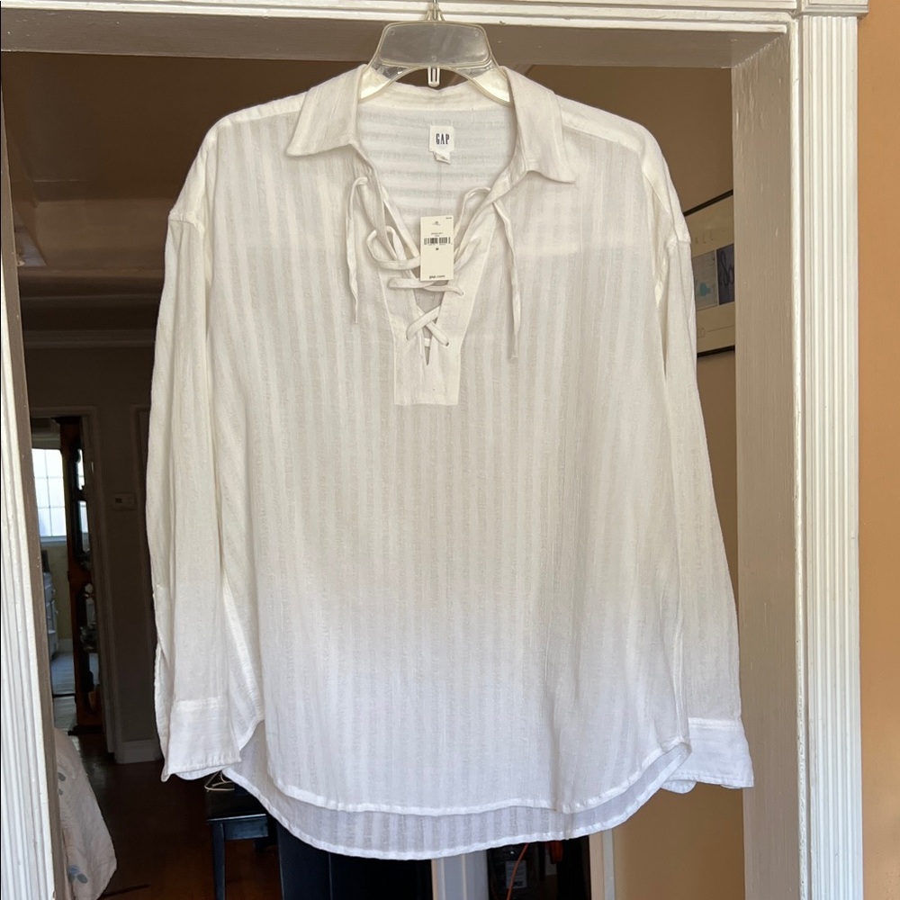 GAP Women's White Striped Lace-Up Shirt